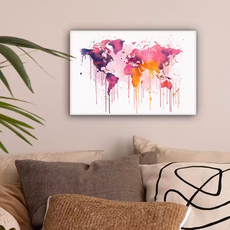Wereldkaart - Roze - Druppels - Verf canvas 2cm klein -sfeer1