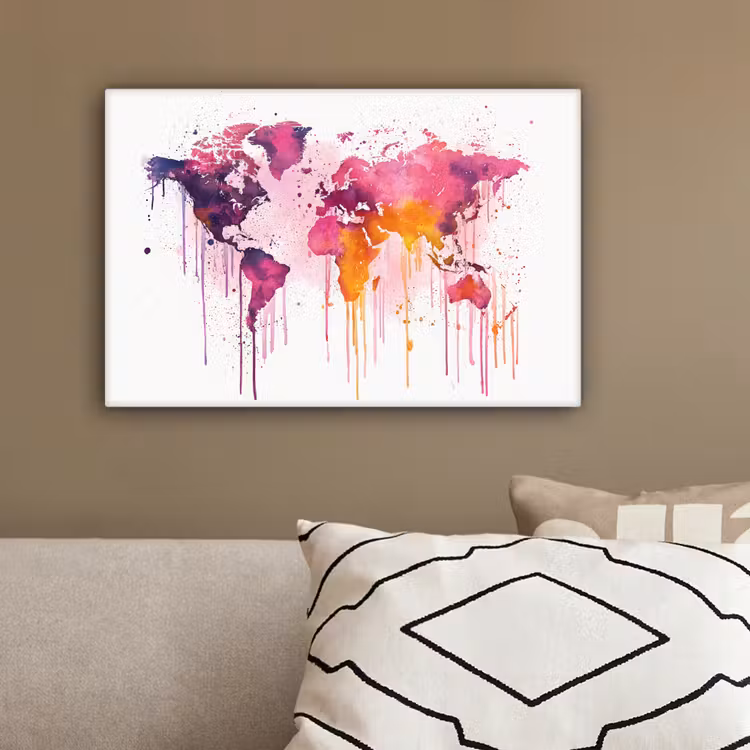Wereldkaart - Roze - Druppels - Verf canvas 2cm klein -sfeer3