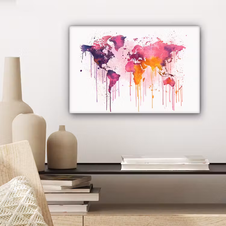 Wereldkaart - Roze - Druppels - Verf canvas 2cm klein -sfeer6