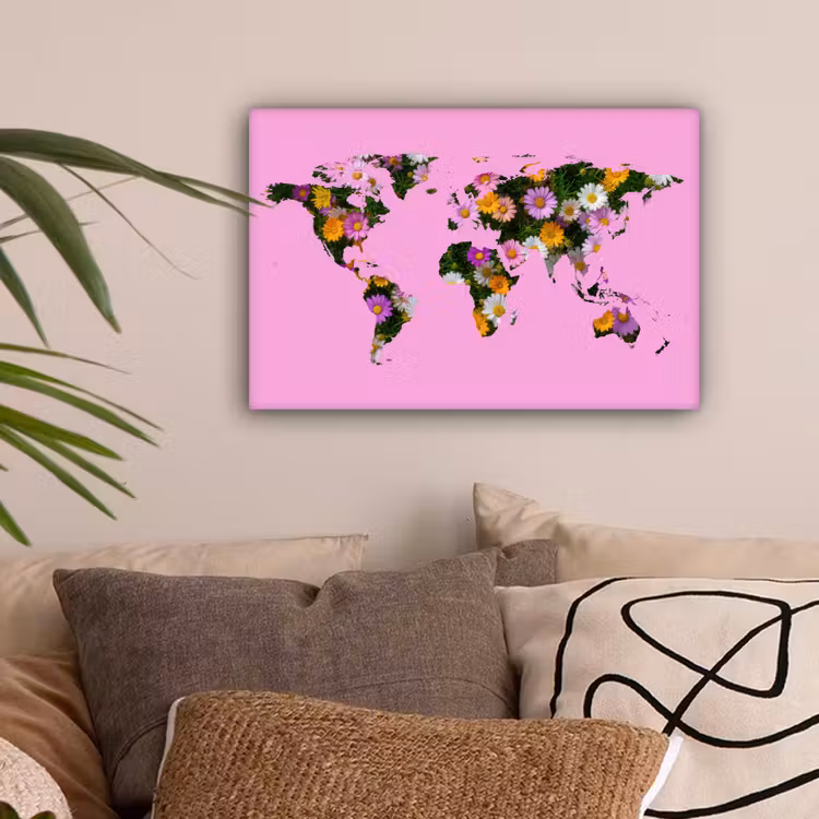 Wereldkaart - Roze - Madelief - Bloemen canvas 2cm klein -sfeer1