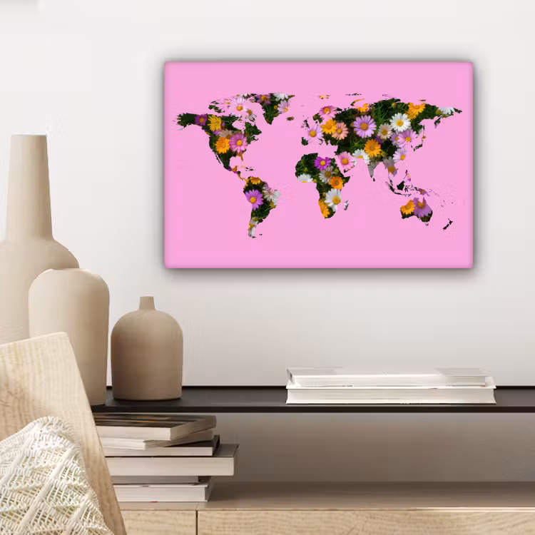 Wereldkaart - Roze - Madelief - Bloemen canvas 2cm klein -sfeer6