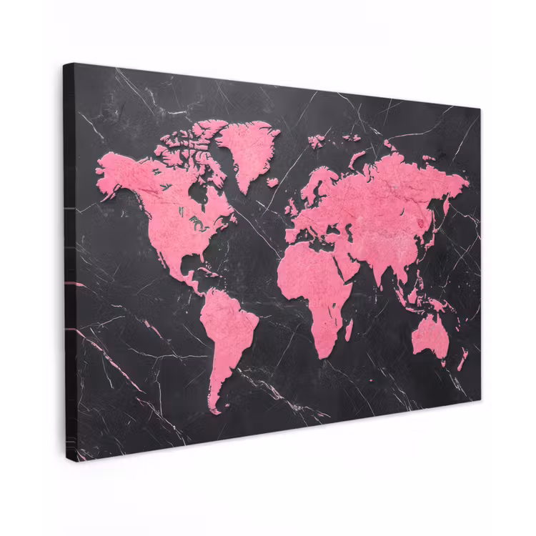 Wereldkaart - Roze - Marmer canvas 2cm klein -z3d