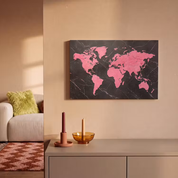 Wereldkaart - Roze - Marmer canvas 2cm klein -sfeer1