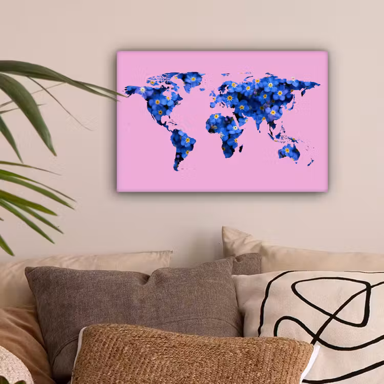 Wereldkaart - Roze - Vergeet me nietjes canvas 2cm klein -sfeer1