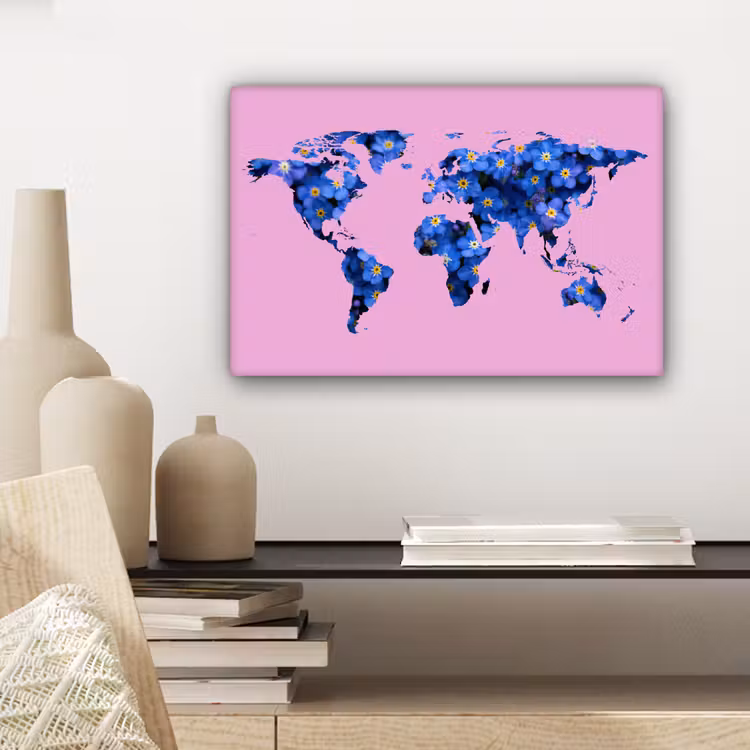 Wereldkaart - Roze - Vergeet me nietjes canvas 2cm klein -sfeer6