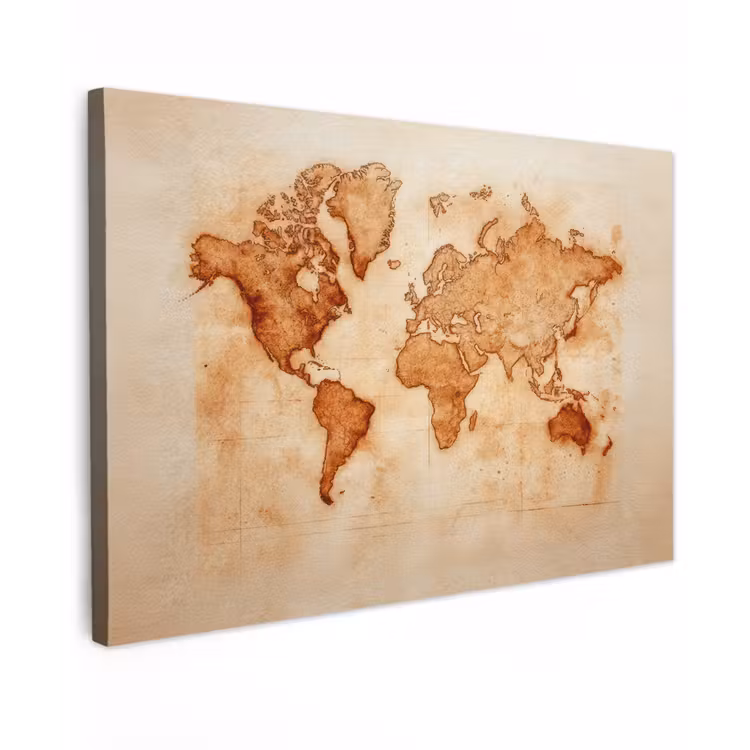 Wereldkaart - Roestbruine inkt canvas 2cm klein -z3d