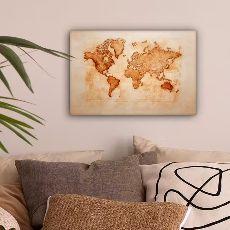 Wereldkaart - Roestbruine inkt canvas 2cm klein -sfeer1