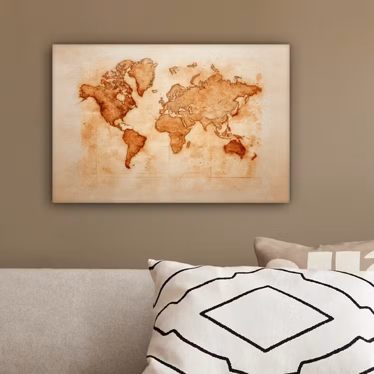 Wereldkaart - Roestbruine inkt canvas 2cm klein -sfeer3