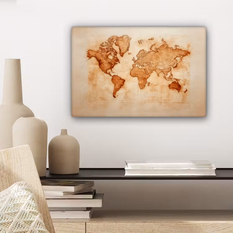 Wereldkaart - Roestbruine inkt canvas 2cm klein -sfeer6