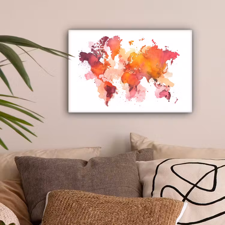 Wereldkaart - Rood - Wolkjes canvas 2cm klein -sfeer1