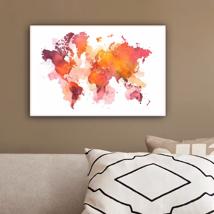 Wereldkaart - Rood - Wolkjes canvas 2cm klein -sfeer3