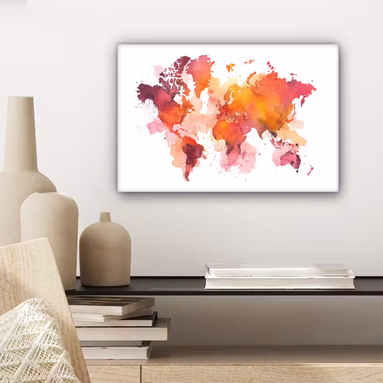 Wereldkaart - Rood - Wolkjes canvas 2cm klein -sfeer6