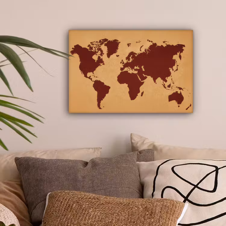 Wereldkaart - Roodbruin silhouet - Sterk kleurcontrast canvas 2cm klein -sfeer1