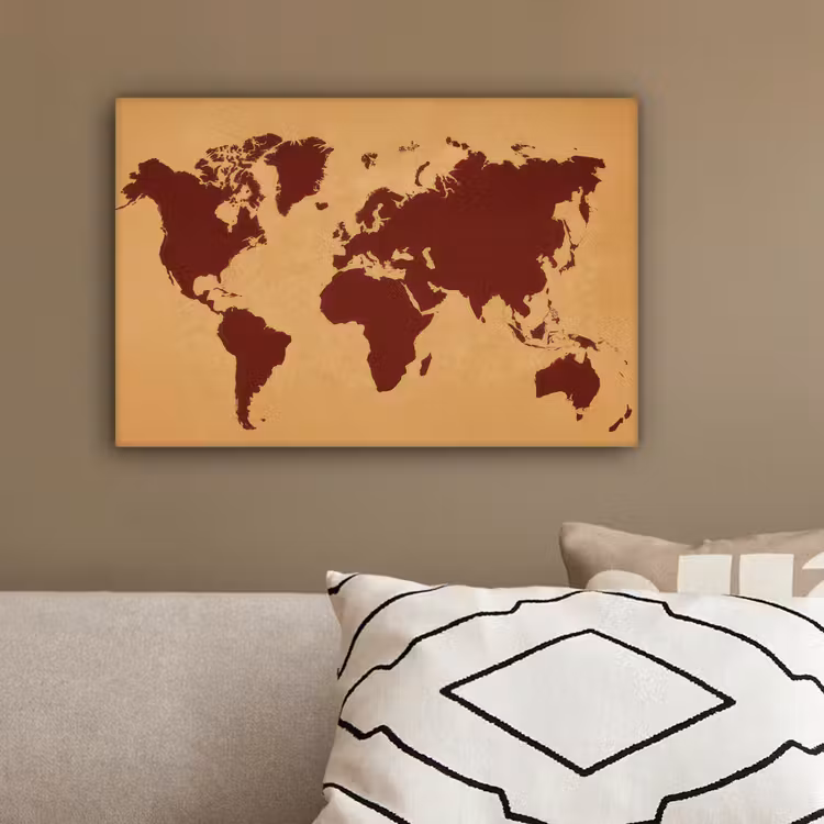 Wereldkaart - Roodbruin silhouet - Sterk kleurcontrast canvas 2cm klein -sfeer6