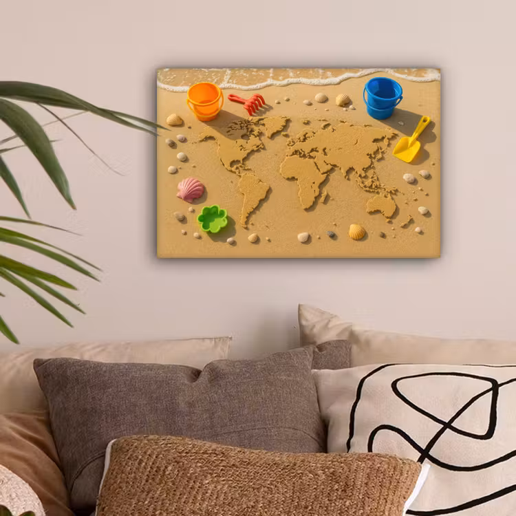 Wereldkaart - Zand - Kleurrijk - Zomer canvas 2cm klein -sfeer1