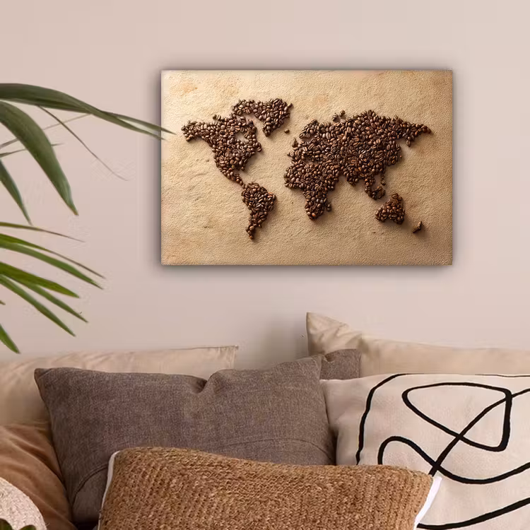 Wereldkaart - Zandkleur - Koffiebonen canvas 2cm klein -sfeer1