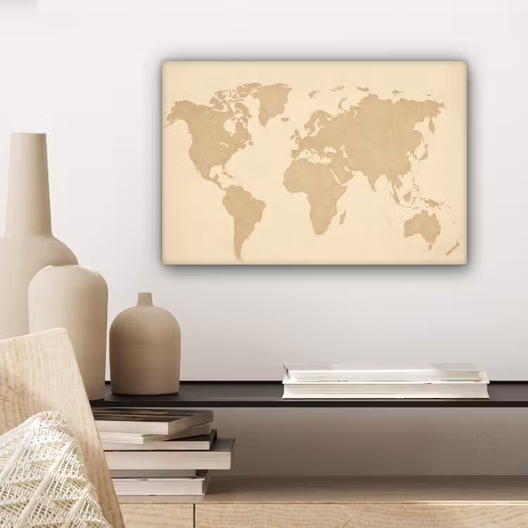 Wereldkaart - Zandkleurig - Minimalistisch canvas 2cm klein -sfeer6