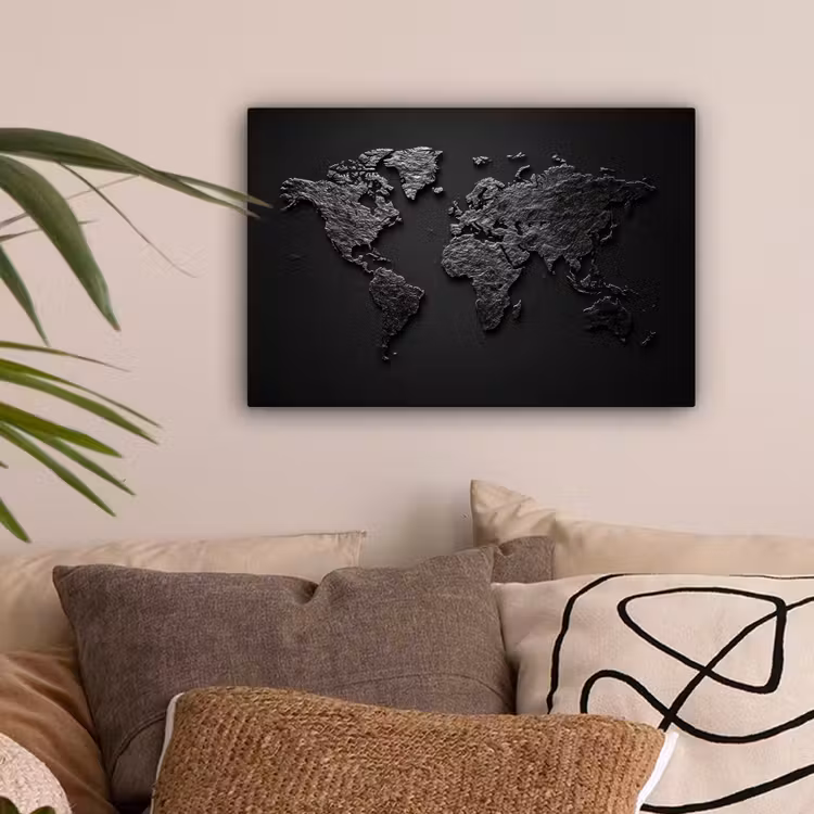 Wereldkaart - Zwart - Donker canvas 2cm klein -sfeer1
