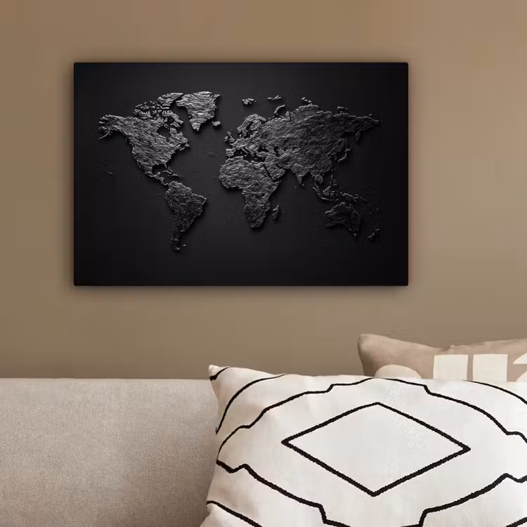 Wereldkaart - Zwart - Donker canvas 2cm klein -sfeer3