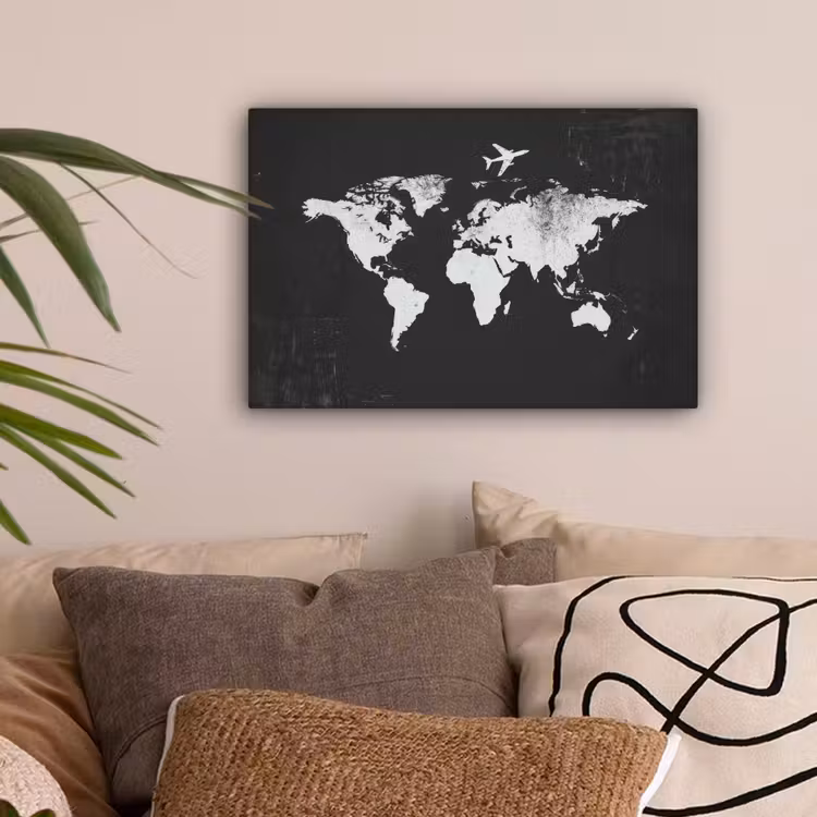 Wereldkaart - Zwart - Vliegtuig - Silhouet canvas 2cm klein -sfeer1