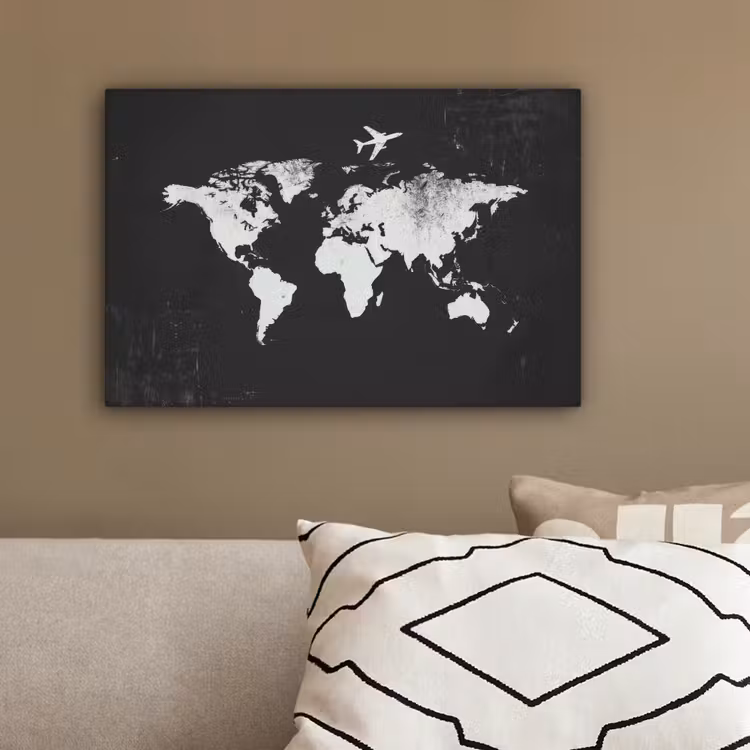 Wereldkaart - Zwart - Vliegtuig - Silhouet canvas 2cm klein -sfeer3