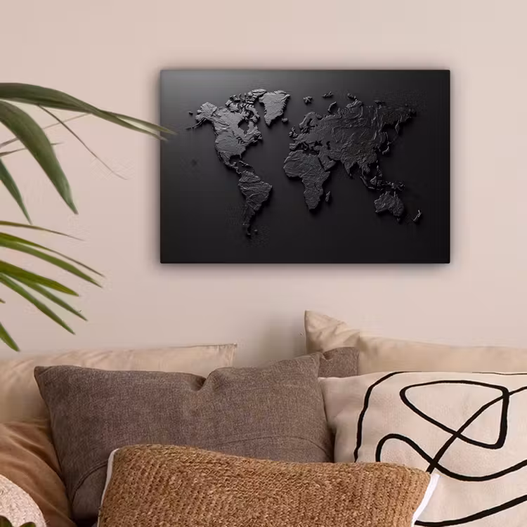 Wereldkaart - Zwart - Grijs canvas 2cm klein -sfeer1