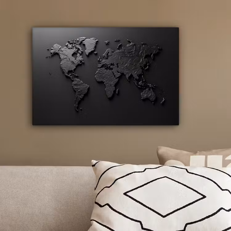Wereldkaart - Zwart - Grijs canvas 2cm klein -sfeer3