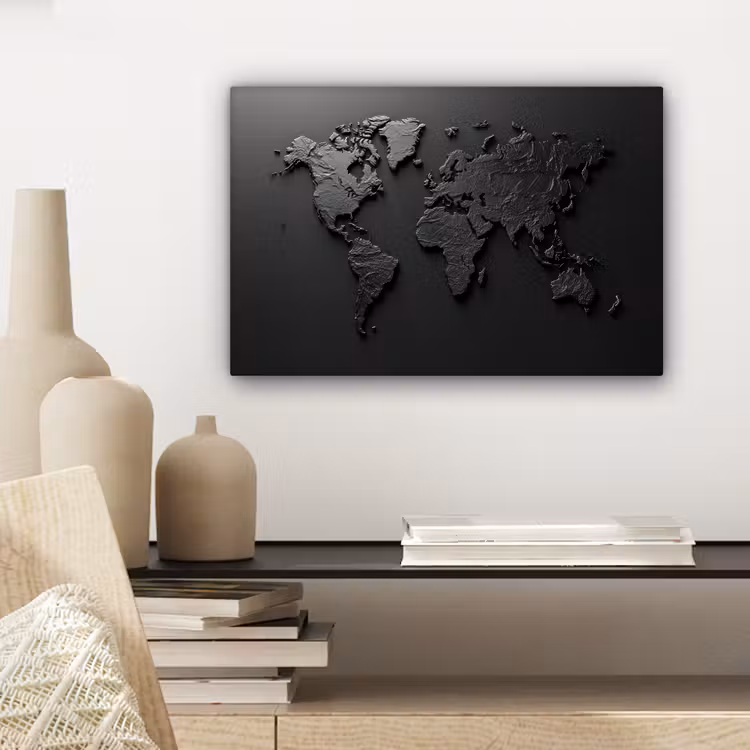 Wereldkaart - Zwart - Grijs canvas 2cm klein -sfeer6