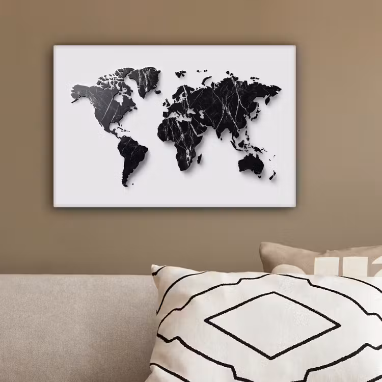 Wereldkaart - Zwart - Marmer - Elegant canvas 2cm klein -sfeer3
