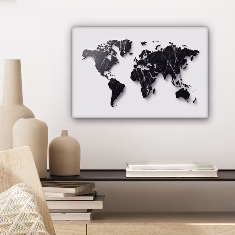 Wereldkaart - Zwart - Marmer - Elegant canvas 2cm klein -sfeer6