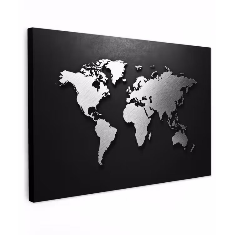 Wereldkaart - Zwart - Zilver - Metaal canvas 2cm klein -z3d