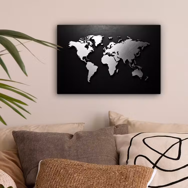 Wereldkaart - Zwart - Zilver - Metaal canvas 2cm klein -sfeer1