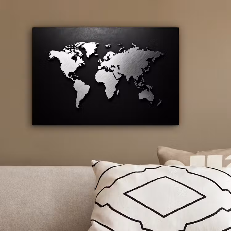 Wereldkaart - Zwart - Zilver - Metaal canvas 2cm klein -sfeer3