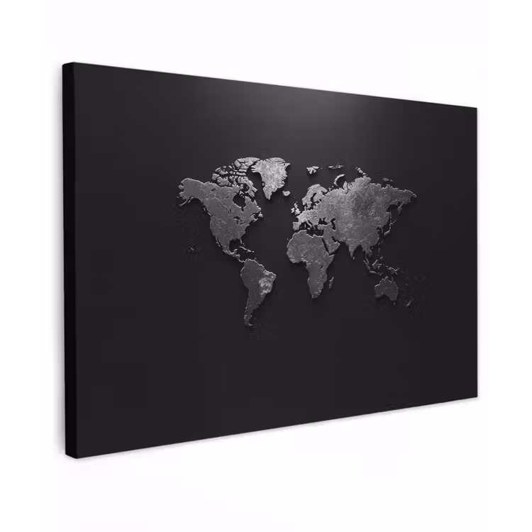 Wereldkaart - Zwart - Structuur canvas 2cm klein -z3d