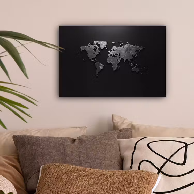 Wereldkaart - Zwart - Structuur canvas 2cm klein -sfeer1