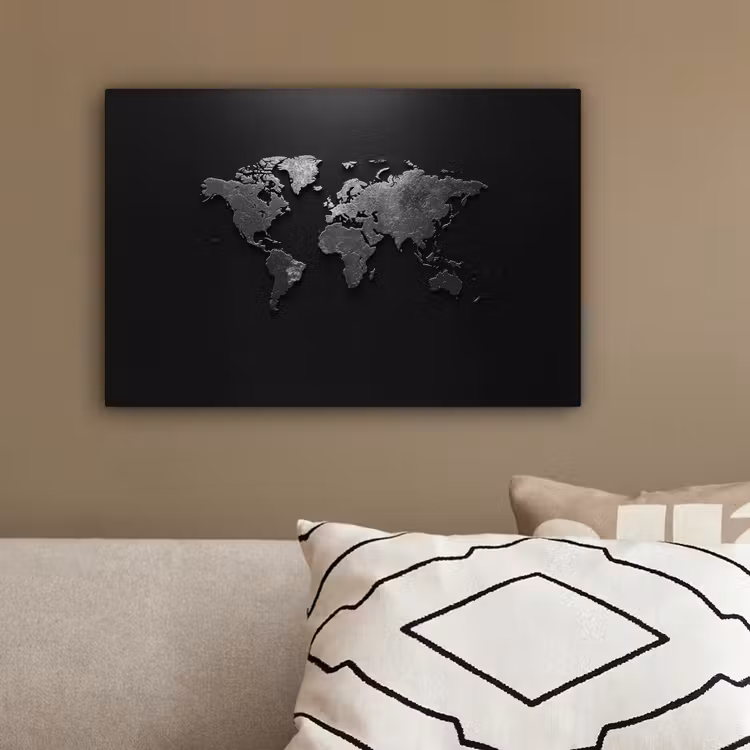 Wereldkaart - Zwart - Structuur canvas 2cm klein -sfeer3