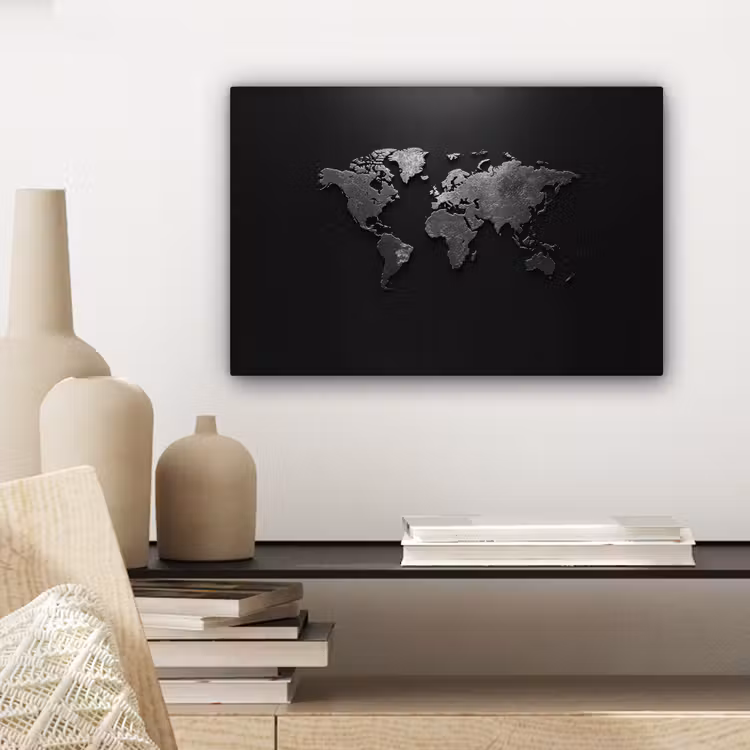 Wereldkaart - Zwart - Structuur canvas 2cm klein -sfeer6