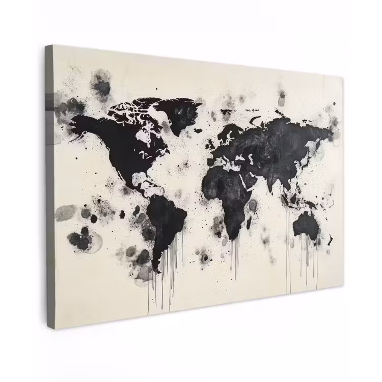 Wereldkaart - Zwart - Inkt canvas 2cm klein -z3d