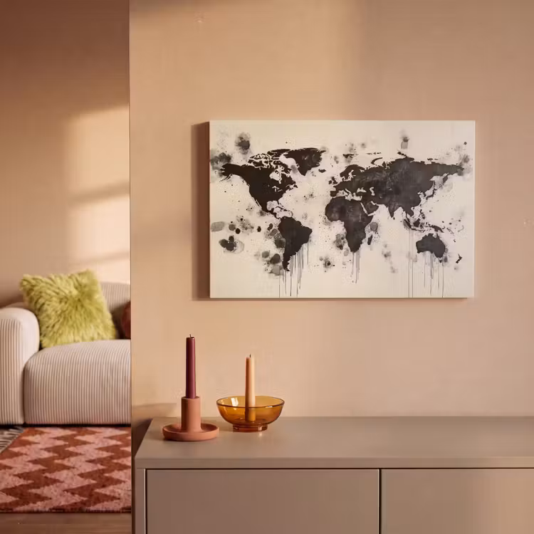 Wereldkaart - Zwart - Inkt canvas 2cm klein -sfeer1