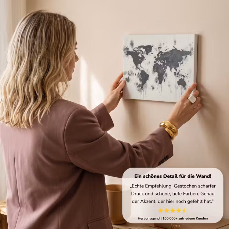 Wereldkaart - Zwart - Inkt canvas 2cm klein -sfeer3