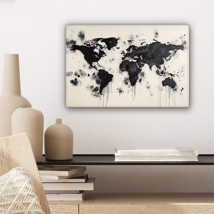 Wereldkaart - Zwart - Inkt canvas 2cm klein -closeup_print_DE
