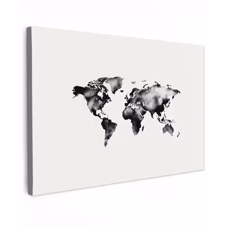 Wereldkaart - Zwart - Inktwassing canvas 2cm klein -z3d