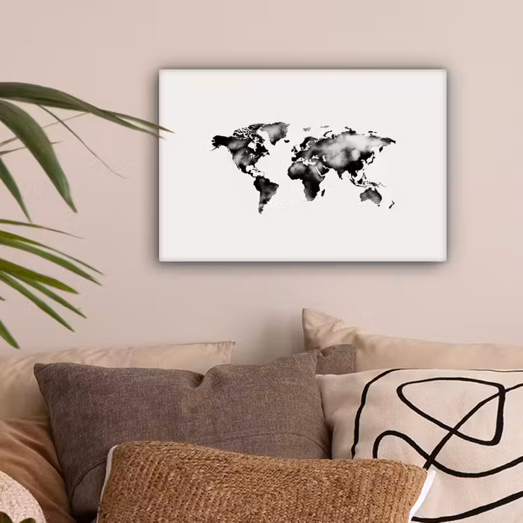 Wereldkaart - Zwart - Inktwassing canvas 2cm klein -sfeer1