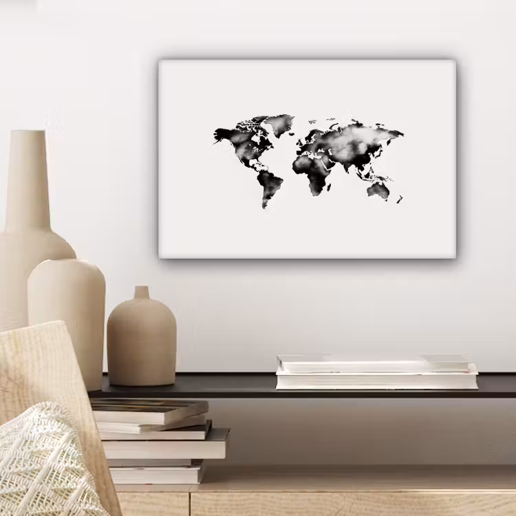 Wereldkaart - Zwart - Inktwassing canvas 2cm klein -sfeer6
