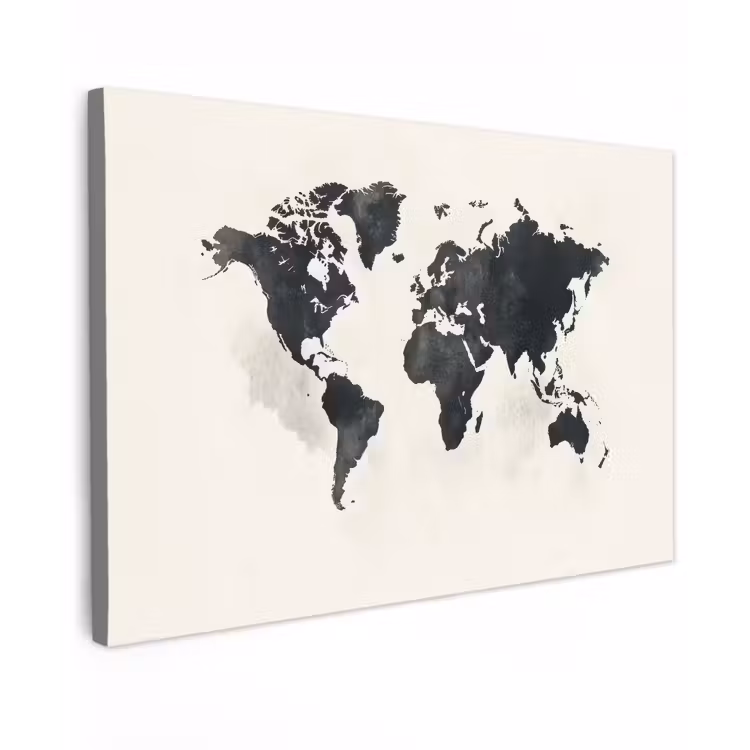 Wereldkaart - Zwart - Wit - Verf canvas 2cm klein -z3d