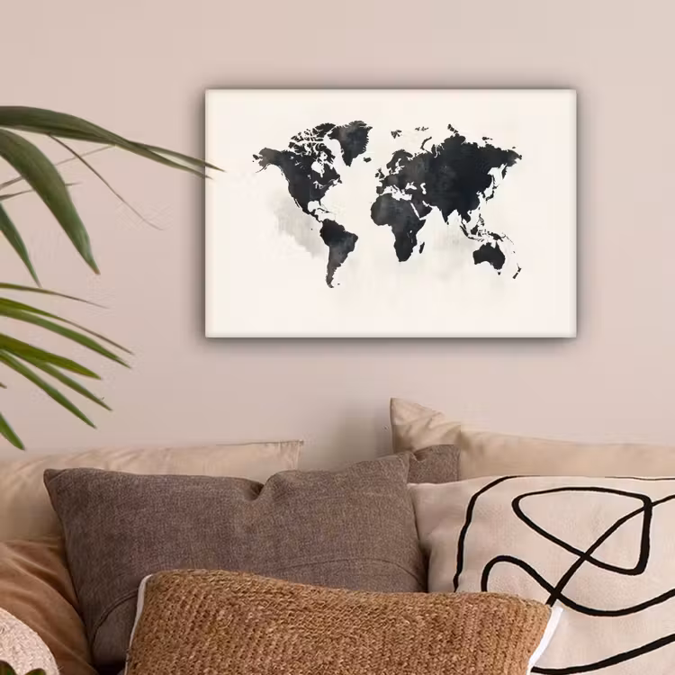 Wereldkaart - Zwart - Wit - Verf canvas 2cm klein -sfeer1