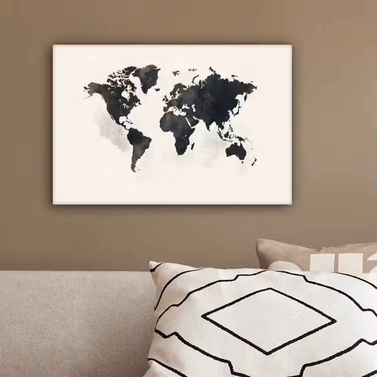 Wereldkaart - Zwart - Wit - Verf canvas 2cm klein -sfeer3