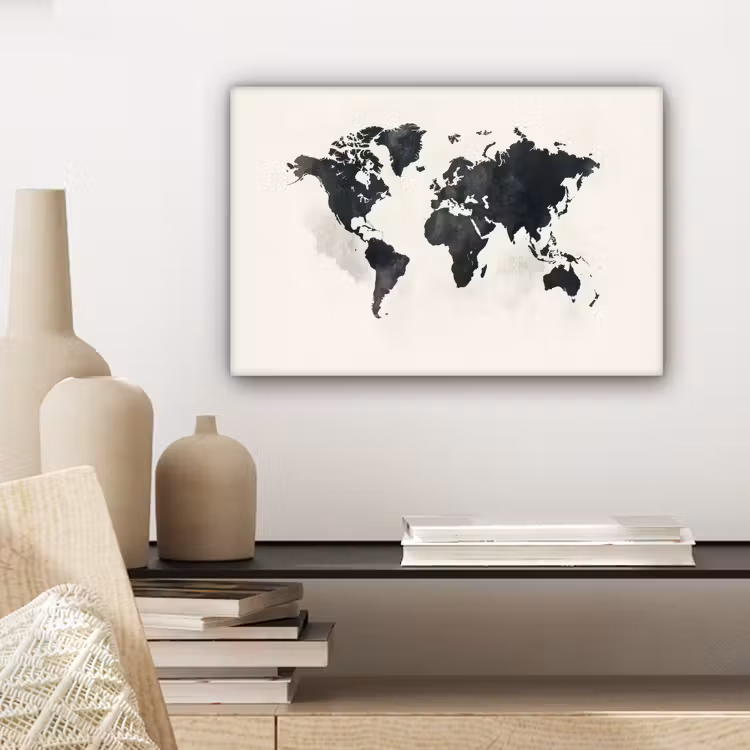 Wereldkaart - Zwart - Wit - Verf canvas 2cm klein -sfeer6