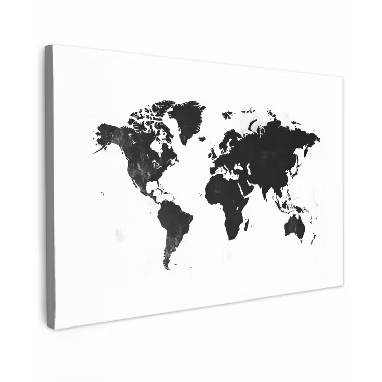 Wereldkaart - Zwart - Wit - Strak canvas 2cm klein -z3d