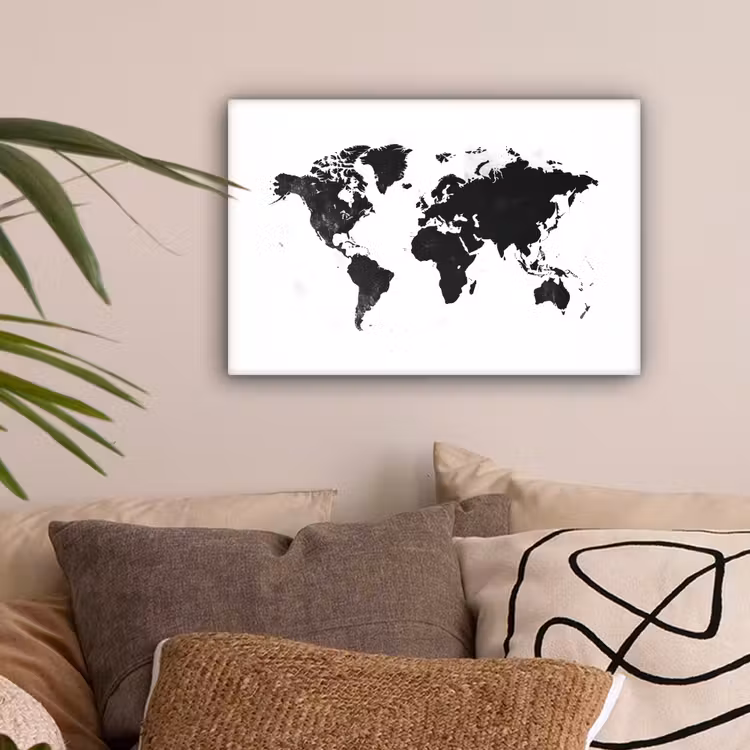 Wereldkaart - Zwart - Wit - Strak canvas 2cm klein -sfeer1